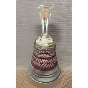 Vintage Bohemian Cranberry Red‎ Cut Crystal Eteched Leaf Glass Bell Gold Trim